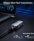 USB-C To 10Gb Ethernet Adapter With USB4 And Thunderbolt 5/4/3 Compatibility connected to laptop showcasing speed benefits