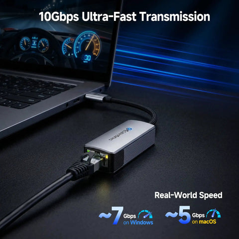 USB-C To 10Gb Ethernet Adapter With USB4 And Thunderbolt 5/4/3 Compatibility connected to laptop showcasing speed benefits