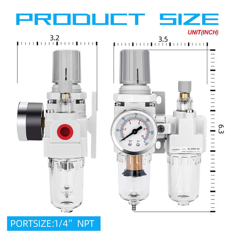 One Quarter Inch NPT Air Filter Regulator Lubricator Combo With Semi Auto Drain Poly Bowl Zero To One Hundred Fifty Psi Gauge