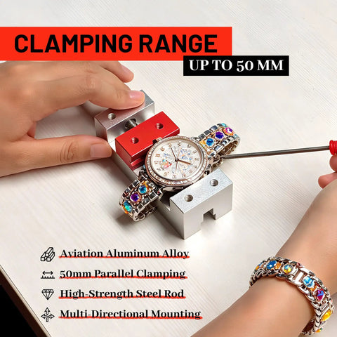 Beast Mode 2 Inch Mini Bench Vise Solid Aluminum Alloy Design For Drill Press Vice Clamping With Parallel Table Mount Heavy Duty Fixing Clamp Legit Grip For Woodworking Crafts with watch in clamp.