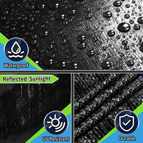 Close-up of Ultra Tough Waterproof Tarp 6x8 Feet 12 Mil Thick showing water droplets and texture, highlighting durability and UV resistance.