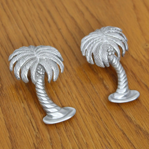 Coastal Palm Tree Cabinet Knobs Set Matched Pair Pewter Hardware Ocean Chic Drawer Pulls for Beachy Kitchen and Bath