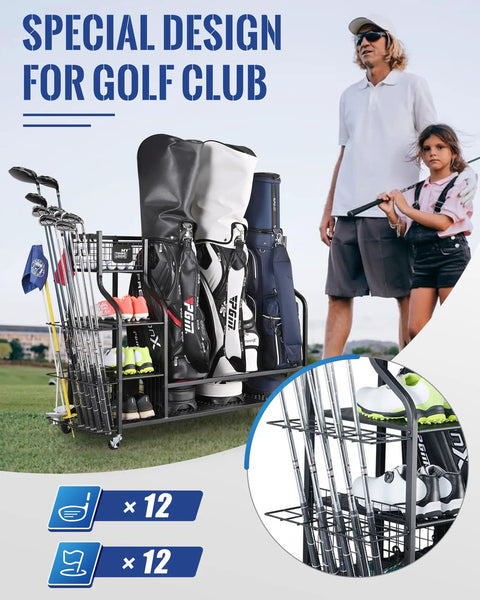 Boss Level Extra Large Golf Bag Storage Organizer with 3 full bags, shoe racks, and removable hooks on display outdoors.