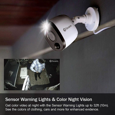 Add On Bullet Security Cam System With Sensor Spotlight For 1080p Full HD Video Indoor Or Outdoor Use Dusk To Dawn Color Night Vision Plus True Detect Heat And Motion Detection With Wide 90 Degree View mounted on wall with night vision active