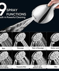 9 Function Shower Head With Built In Power Spray And Water Saving 1.8 GPM On Off Toggle 1 Click Pause High Pressure Handheld Brass
