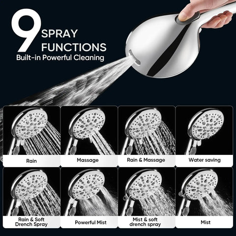 9 Function Shower Head With Built In Power Spray And Water Saving 1.8 GPM On Off Toggle 1 Click Pause High Pressure Handheld Brass