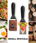Front view: two small black-handled metal spatulas for kitchen serving and turning