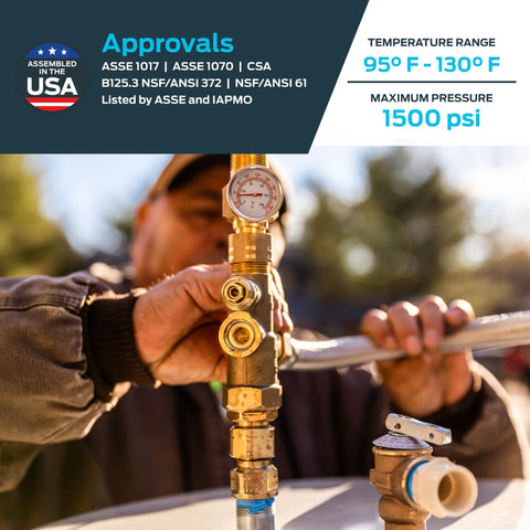 Front view of brass 3/4-inch tank booster water heater valve with pressure gauge on copper piping during installation