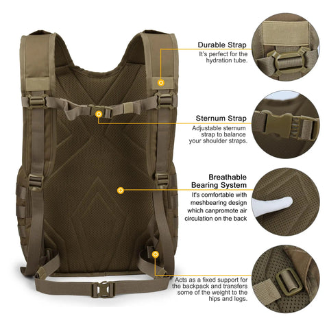 Back view of 25L Tactical Backpack With MOLLE System Rugged Daypack For Hiking Camping Travel And Motorcycle Adventures showcasing straps.