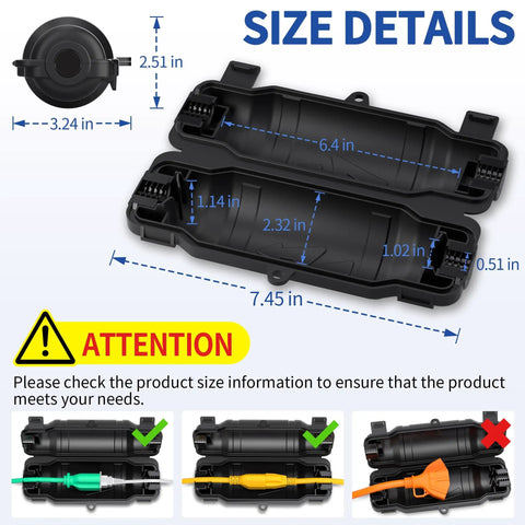 Three Pack Outdoor Extension Cord Safety Covers With Waterproof IP54 Seal And Weatherproof Electrical Connection Box With Two Latches, black, size details shown