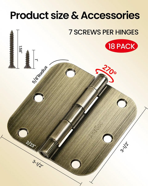 Antique Brass Interior Door Hinges 3 1/2 Inch With 5/8 Inch Radius, 18 Pack Built To Last Heavy Duty Residential Door Hardware, 6 Holes Each