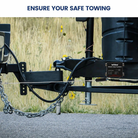 Built Tough Rock Solid Breakaway Brake Kit For RV And Travel Trailer Towing Includes 12V 5Ah Battery Charger shown mounted on trailer frame.