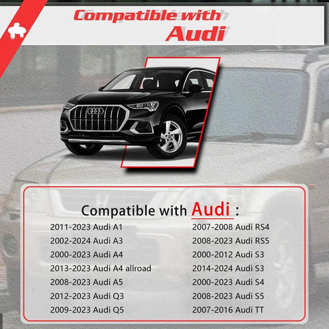 Audi Inner Sun Visor Clips Two Pack Upgrade compatibility chart for models A1 to TT with a black Audi car image