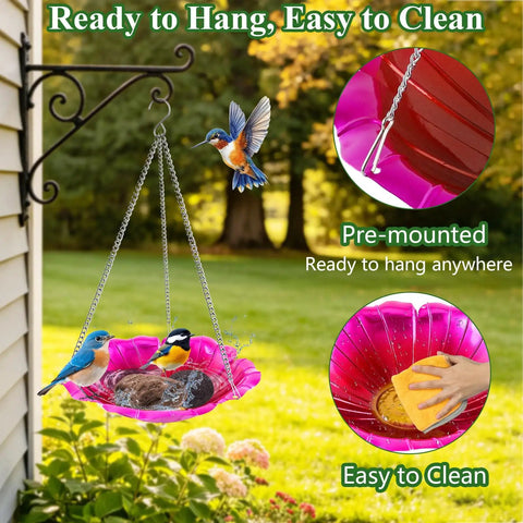 Two Pack Hanging Bird Baths For Outdoors, 11 Inch Metal Water Bowls With Rust-Proof Stainless Steel Chains, Flower Shape Design
