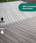 Before and after application of Extreme Composite Deck Sealer Crystal Clear Waterproof Sealant For Wood And Composite Surfaces on deck