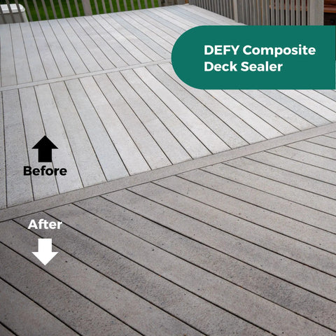 Before and after application of Extreme Composite Deck Sealer Crystal Clear Waterproof Sealant For Wood And Composite Surfaces on deck