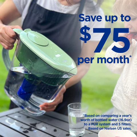 Person holding Lead-Reducing 11-Cup Water Pitcher With Advanced Filtration For Cleaner, Great-Tasting Water, Sage Finish