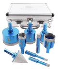Diamond Core Drill Bit Set With 9 Diamond Bits And 1 Chamfer Bit For Porcelain Tile Ceramic Marble Granite Drilling Includes 6 8 10 20 25 32 35 And 50mm Bit Sizes And 1 3/8 Inch Chamfer Bit For Precise Clean Holes, shown with carrying case.