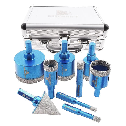 Diamond Core Drill Bit Set With 9 Diamond Bits And 1 Chamfer Bit For Porcelain Tile Ceramic Marble Granite Drilling Includes 6 8 10 20 25 32 35 And 50mm Bit Sizes And 1 3/8 Inch Chamfer Bit For Precise Clean Holes, shown with carrying case.