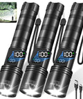 Triple Pack 10000 Lumen Rechargeable Flashlights With LCD Display 5 Mode Adjustable LED Beams High Powered Tactical Lights
