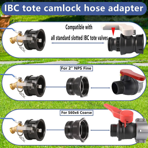 IBC Tote Hose Adapter Kit With 2 Inch Camlock Adapters For 275 And 330 Gallon Totes Includes 2 Coarse And 2 Fine Cam Groove Fittings Brass And Polypropylene Construction Converts To Three Quarter Inch Garden Hose Male Thread, shown with slotted tote valve fits