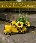 Metal Truck Decor With Sunflowers And Bees on stairs, large vintage pickup table centerpiece, yellow fall farmhouse decor