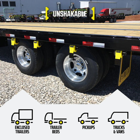 Flatbed trailer with sliding winch for heavy duty tie down system, showcasing powder coated steel for beefy loads on rough roads.