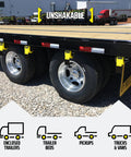 Flatbed trailer with four pack sliding winch kit for tightening loads on rough roads, showing powder-coated steel and corrosion resistance.