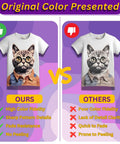 Comparison of t-shirt prints: left side using DTF Transfer Film 13 X 19 Inches A3 Plus 100 Sheets Double Sided Matte PET Heat Transfer, right side shows poor quality.