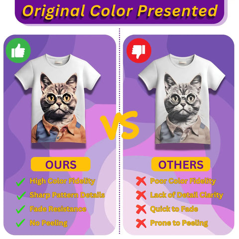 Comparison of t-shirt prints: left side using DTF Transfer Film 13 X 19 Inches A3 Plus 100 Sheets Double Sided Matte PET Heat Transfer, right side shows poor quality.