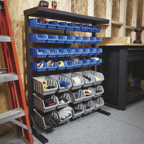 Heavy Duty Garage Organization Workhorse Storage Rack With Powder Coated Steel Rails And Hella Sturdy 47 Super Polypropylene Bins Ideal For Shop Hardware Tools