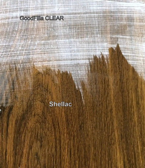 Clear water-based wood grain filler applied on wood surface demonstrating finish using 1 gallon kit, non-shrinking and quick-drying.