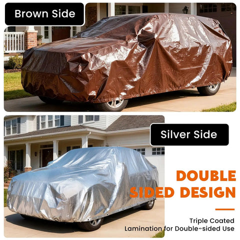 Heavy Duty Waterproof Tarp 12x20 Feet Ultra Thick 16 Mil HDPE Brown covering car with double-sided silver and brown design
