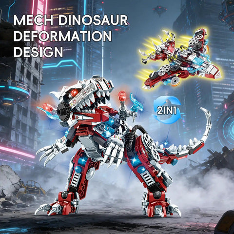2 In 1 Dinosaur Mech Building Set With 422 Pieces Transforming T Rex Robot in a futuristic city backdrop