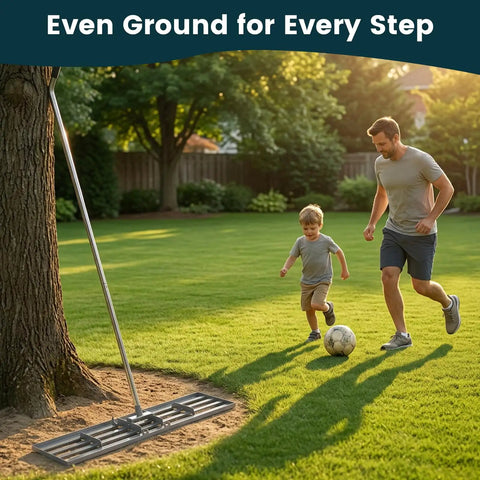 Lawn Leveling Rake 30x10 Inch, Professional Grade Leveler Tool With Stainless Steel Handle next to people on a lawn