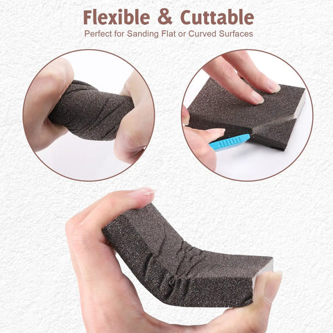 Assorted Grit Sanding Sponge Set For Handy Projects, flexible reusable sanding blocks shown cut and bent for versatility