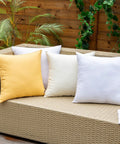 Pack Of 4 Outdoor Pillow Inserts Waterproof 18x18 Inch Square Cushions For Patio Garden Bed Sofa Couch Cozy Plush Inner Fill No Covers Included Great For Patio Or Garden Decor Weatherproof All Season Comfort on a wicker couch