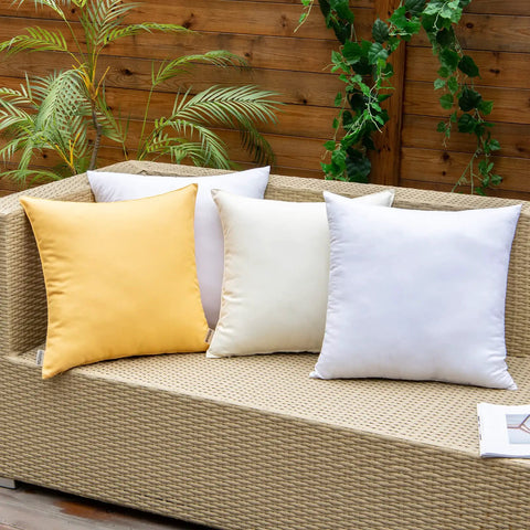 Pack Of 4 Outdoor Pillow Inserts Waterproof 18x18 Inch Square Cushions For Patio Garden Bed Sofa Couch Cozy Plush Inner Fill No Covers Included Great For Patio Or Garden Decor Weatherproof All Season Comfort on a wicker couch