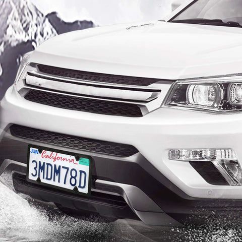 Lock Your Plates Down Tight With These Sleek Black License Plate Screws Featuring Tamper Proof Anti Theft Design Made From Sturdy One Quarter Inch Stainless Steel For Quick Install And Heavy Shield Against Highway Hooligans And Dust on a white SUV with a California license plate.