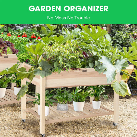 Elevated Wooden Raised Garden Bed On Wheels With Storage Shelf And Protective Liner Outdoor Planter Box with plants on display