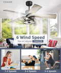 48 Inch Dope Industrial Black Farmhouse Ceiling Fan With Glass Shade, showing 6 wind speeds and reversible matte black and wood blades.