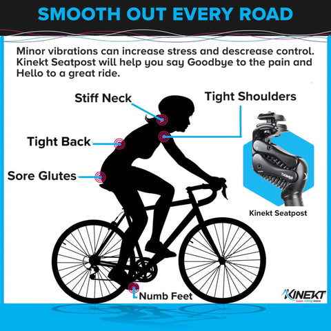 Illustration of cyclist with highlighted sore areas and XR Suspension Seatpost for Road, Gravel and E-Bikes for smoother ride.
