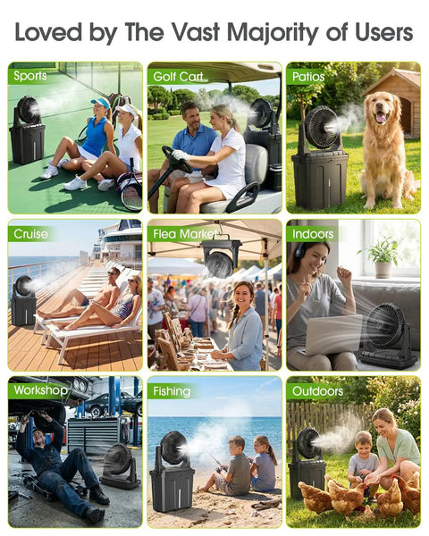 10 Inch Oscillating Misting Fan with 9 Liter Tank and Light, Portable Battery Operated Evaporative Cooler for Golf Carts Porch and Yard Gear used in sports, patios, and fishing settings.