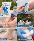 Hard Shell Waterproof First Aid Kit With 262 Pieces showing ice pack, burn gel, bandage, emergency blanket, and PBT bandage.