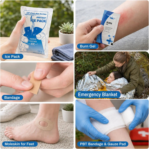 Hard Shell Waterproof First Aid Kit With 262 Pieces showing ice pack, burn gel, bandage, emergency blanket, and PBT bandage.