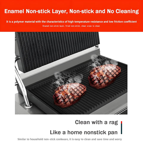 Two grilled steaks with grill marks on Judyssy Electric Panini Grill And Sandwich Press With Non Stick Plates.