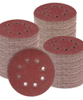 Top Notch 200 Pack 5 Inch Sanding Discs With Super Tough Aluminum Oxide, showing stacked discs with dust holes for orbital sanding.