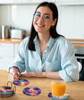 Woman using 8 Piece Diamond Painting Coasters Kit With Holder For Newbies And Grown Ups, DIY Landscape Coaster Set.
