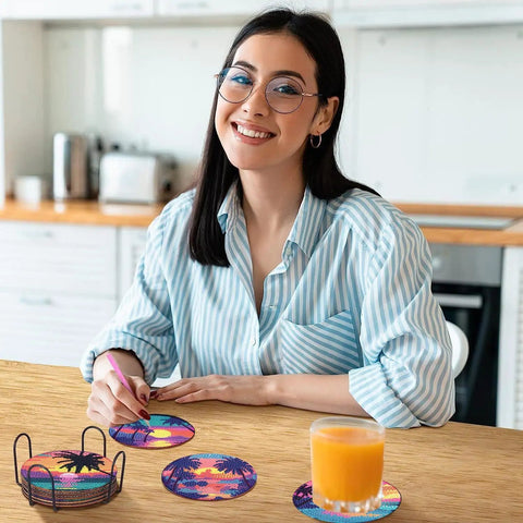 Woman using 8 Piece Diamond Painting Coasters Kit With Holder For Newbies And Grown Ups, DIY Landscape Coaster Set.