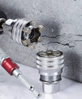 Heavy Hitter Adjustable Universal Socket Wrench clamps onto stripped rounded nuts in close-up view, showcasing silver finish and grip.